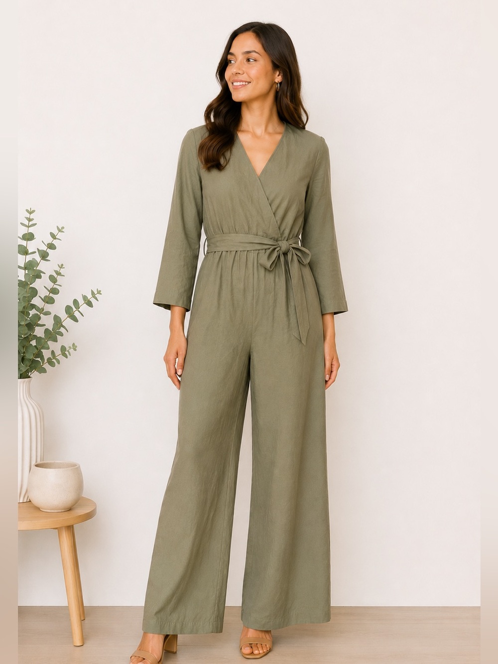 Elizabeth and James Olive Green Belted Wide Leg Jumpsuit S